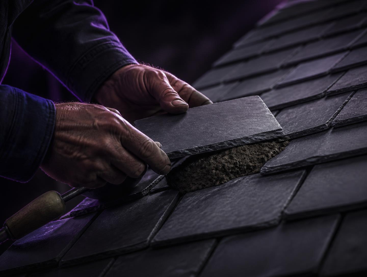 Roofer laying slate tiles with fresh mortar bedding
